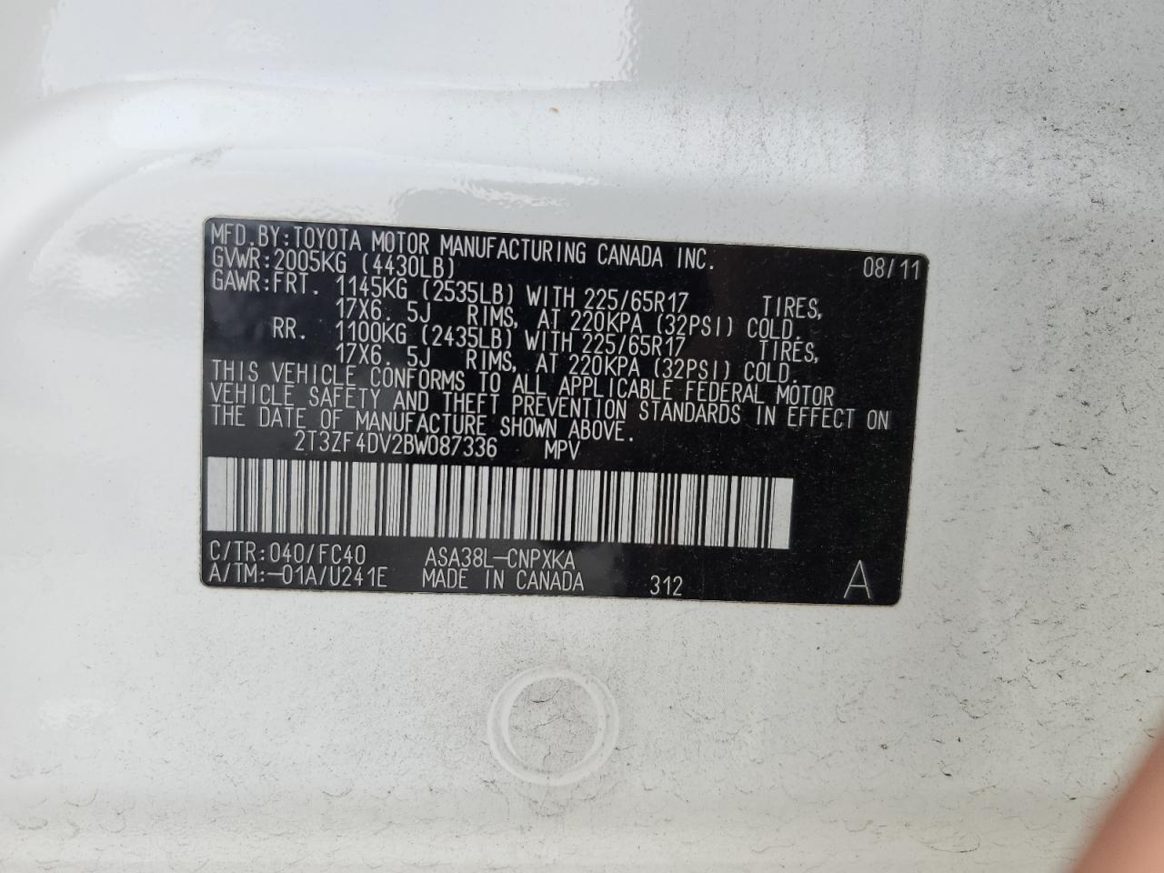 2T3ZF4DV2BW087336 2011 Toyota Rav4