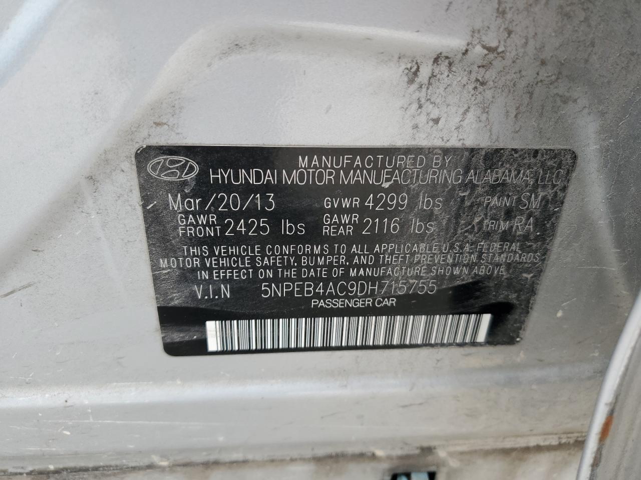 5NPEB4AC9DH715755 2013 Hyundai Sonata Gls