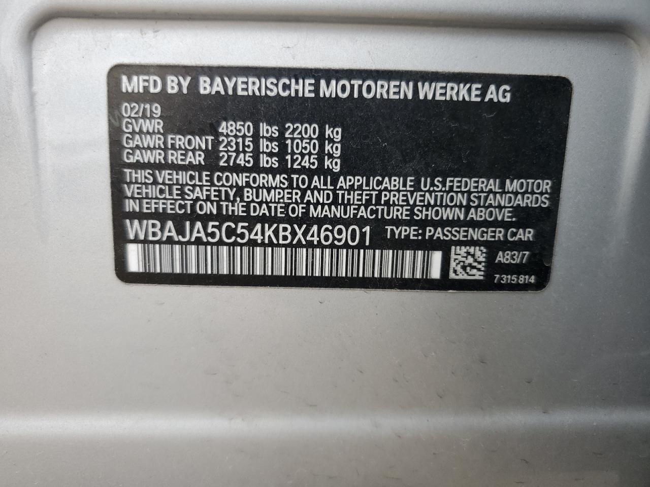 WBAJA5C54KBX46901 2019 BMW 530 I