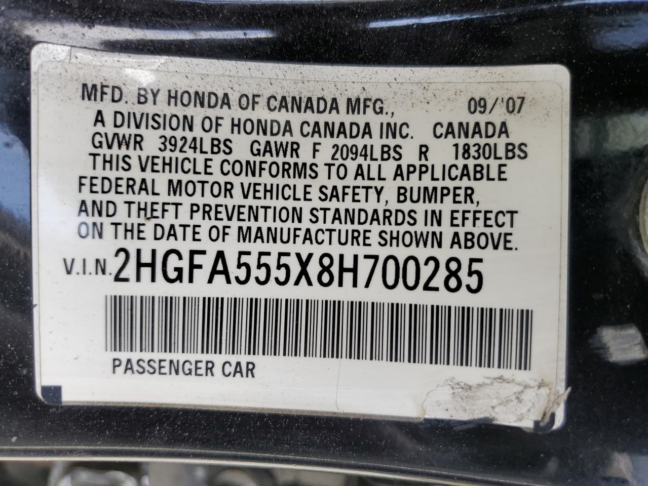 2HGFA555X8H700285 2008 Honda Civic Si