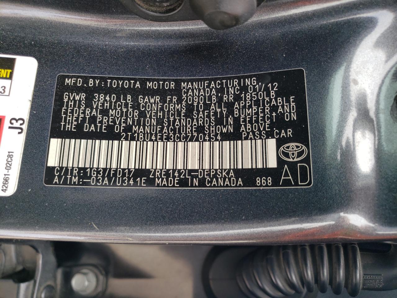 2T1BU4EE3CC770454 2012 Toyota Corolla Base