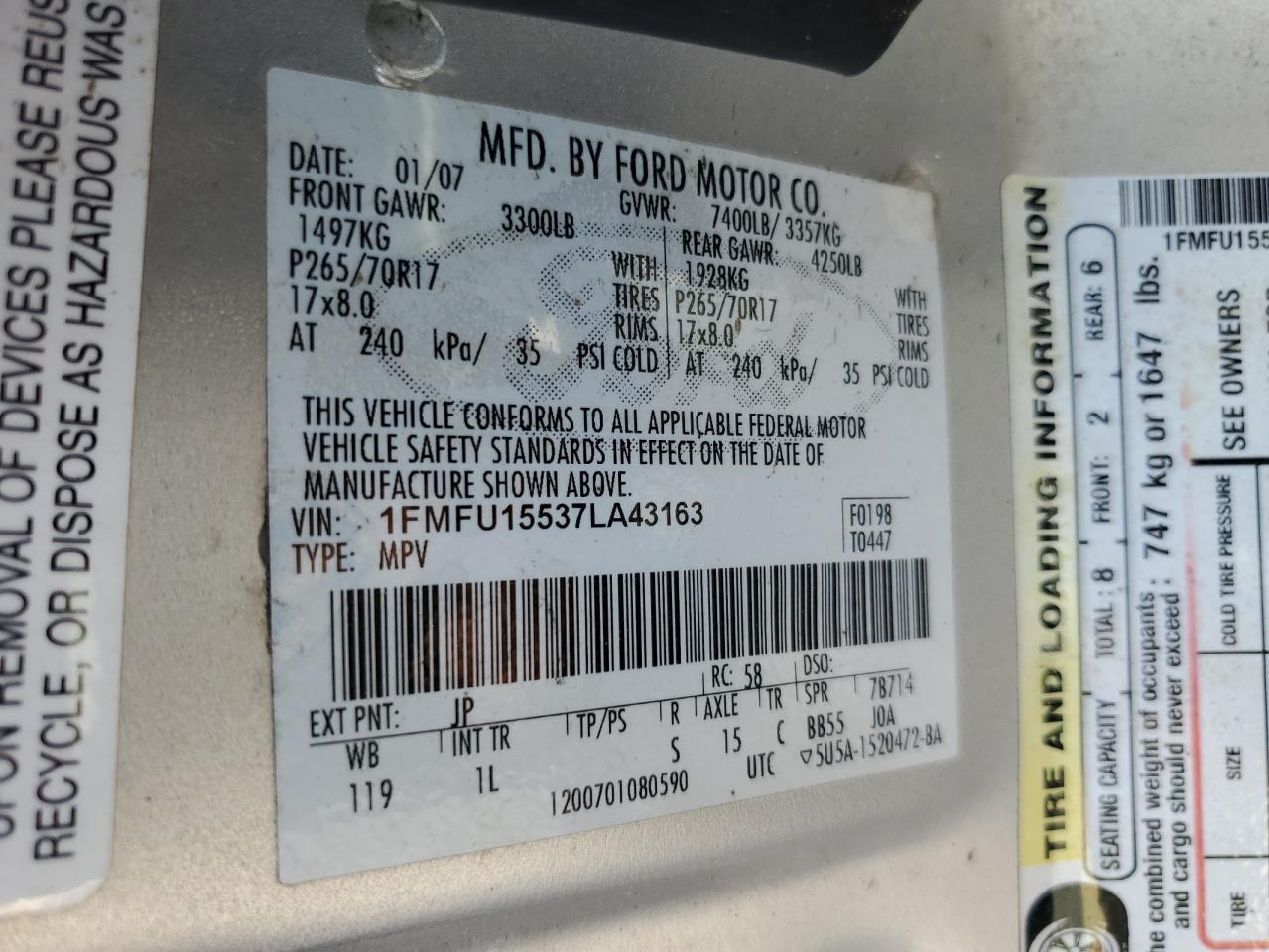 1FMFU15537LA43163 2007 Ford Expedition Xlt