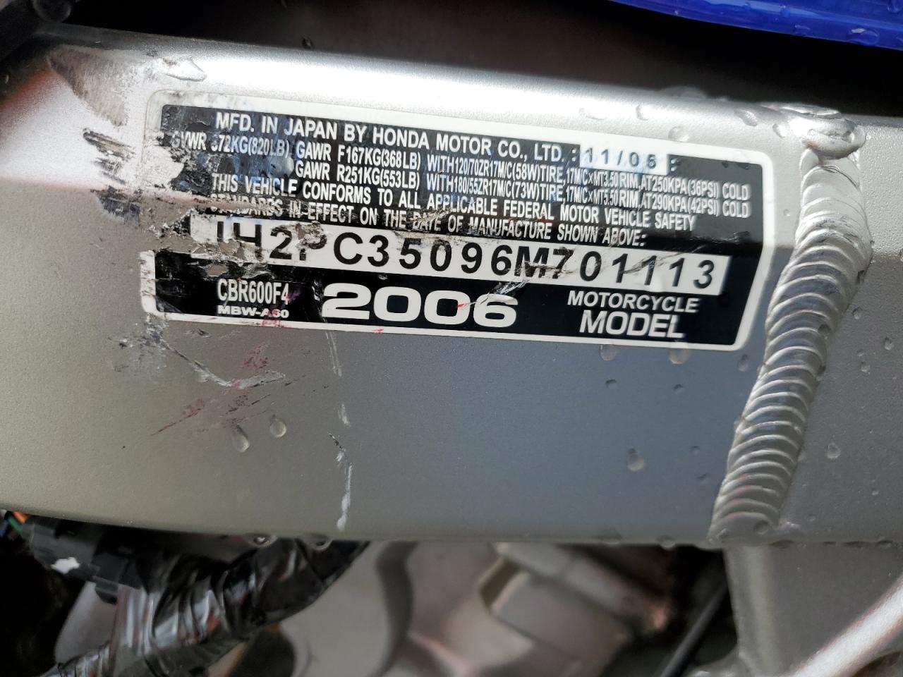 JH2PC35096M701113 2006 Honda Cbr600 F4