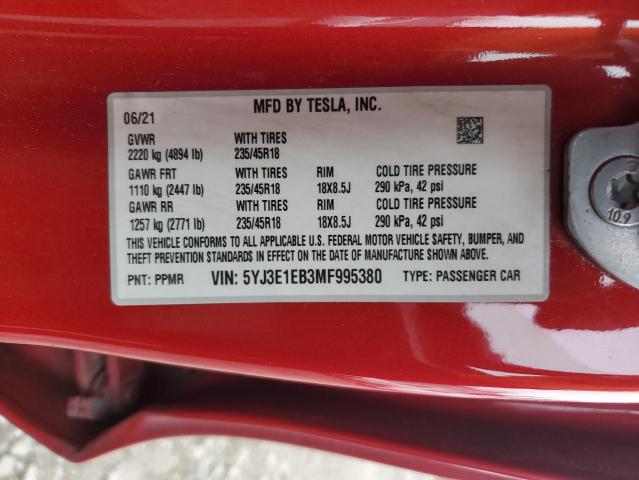 2021 Tesla Model 3 VIN: 5YJ3E1EB3MF995380 Lot: 53395544