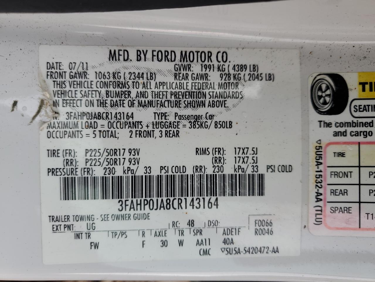 3FAHP0JA8CR143164 2012 Ford Fusion Sel