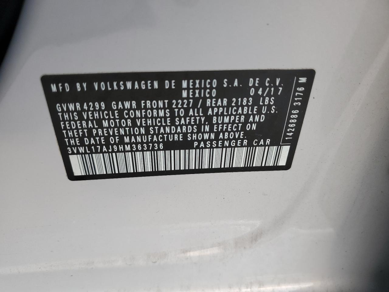 3VWL17AJ9HM363736 2017 Volkswagen Jetta Sel