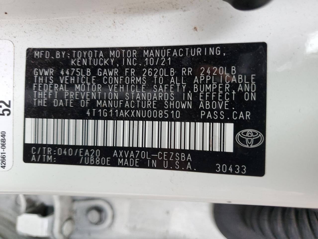 4T1G11AKXNU008510 2022 Toyota Camry Se