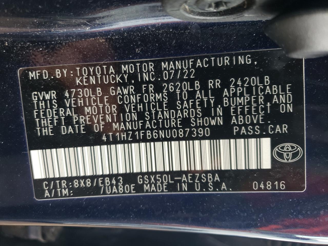 4T1HZ1FB6NU087390 2022 Toyota Avalon Touring