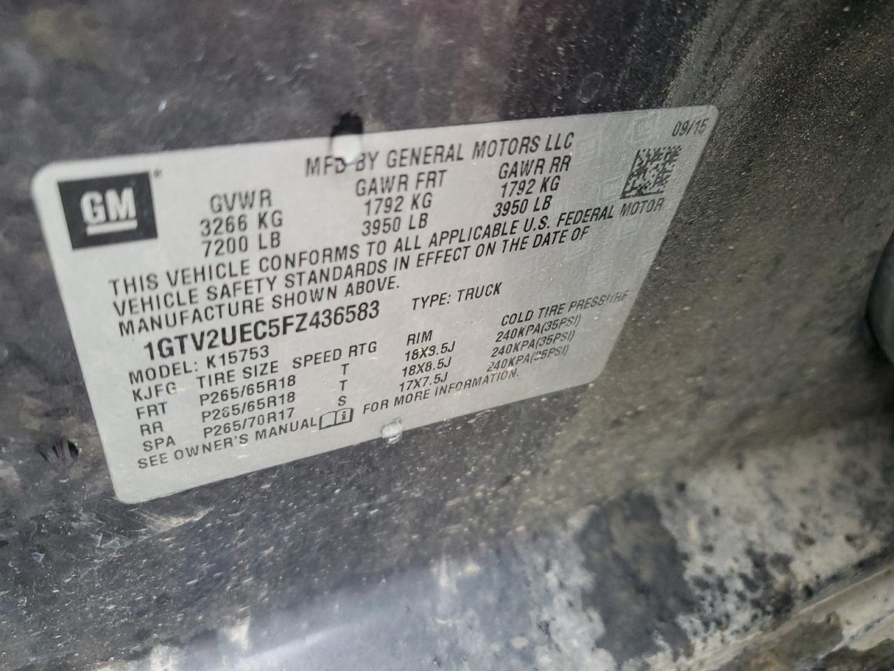 1GTV2UEC5FZ436583 2015 GMC Sierra K1500 Sle