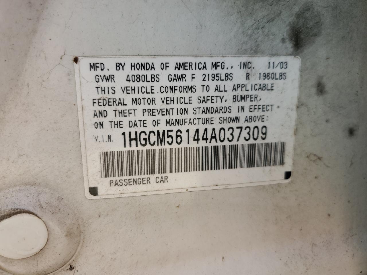 1HGCM56144A037309 2004 Honda Accord Dx