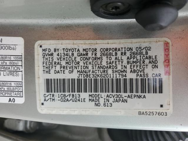 2002 Toyota Camry Le VIN: JTDBE32K620111794 Lot: 55129214