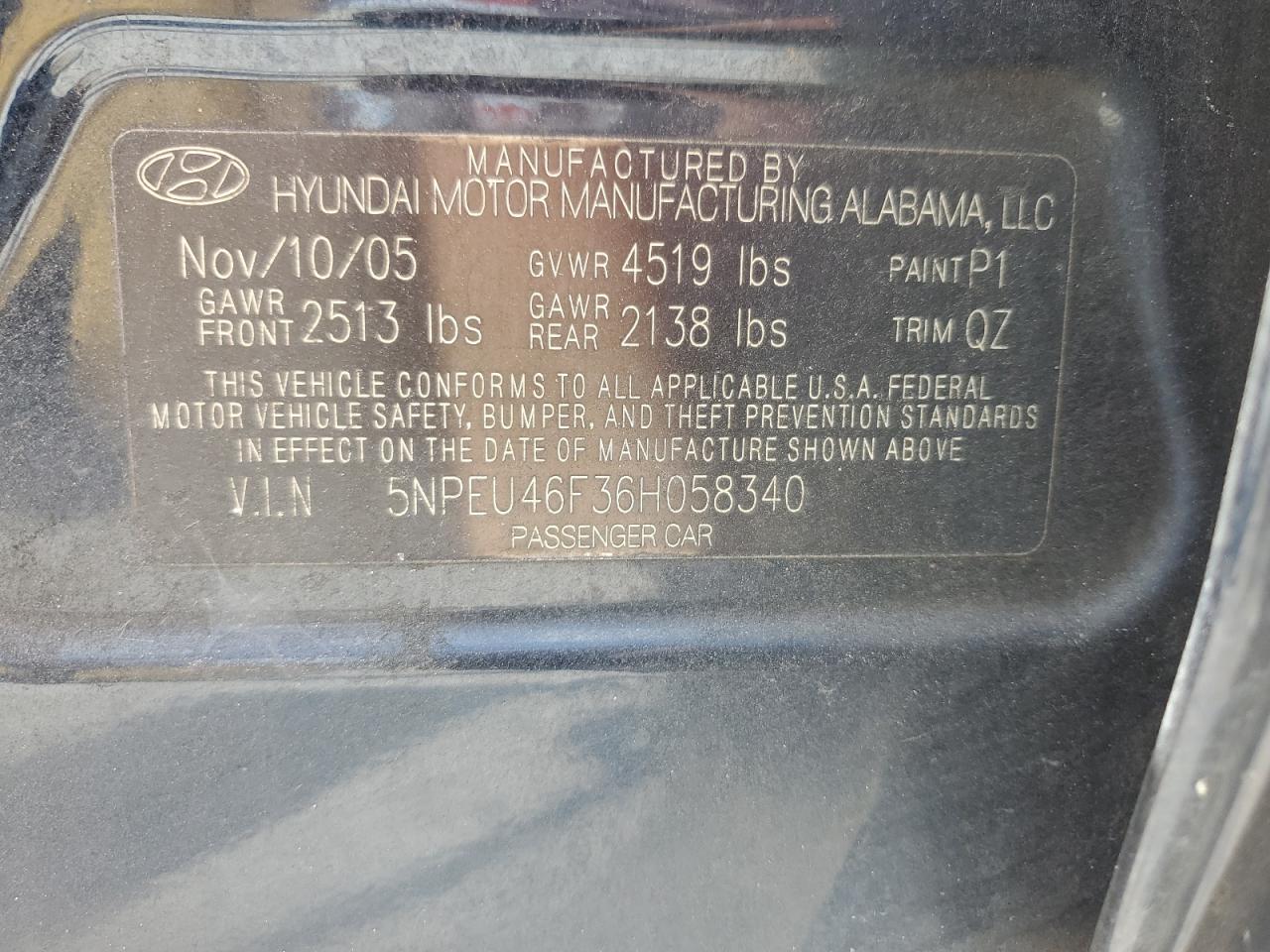 5NPEU46F36H058340 2006 Hyundai Sonata Gls