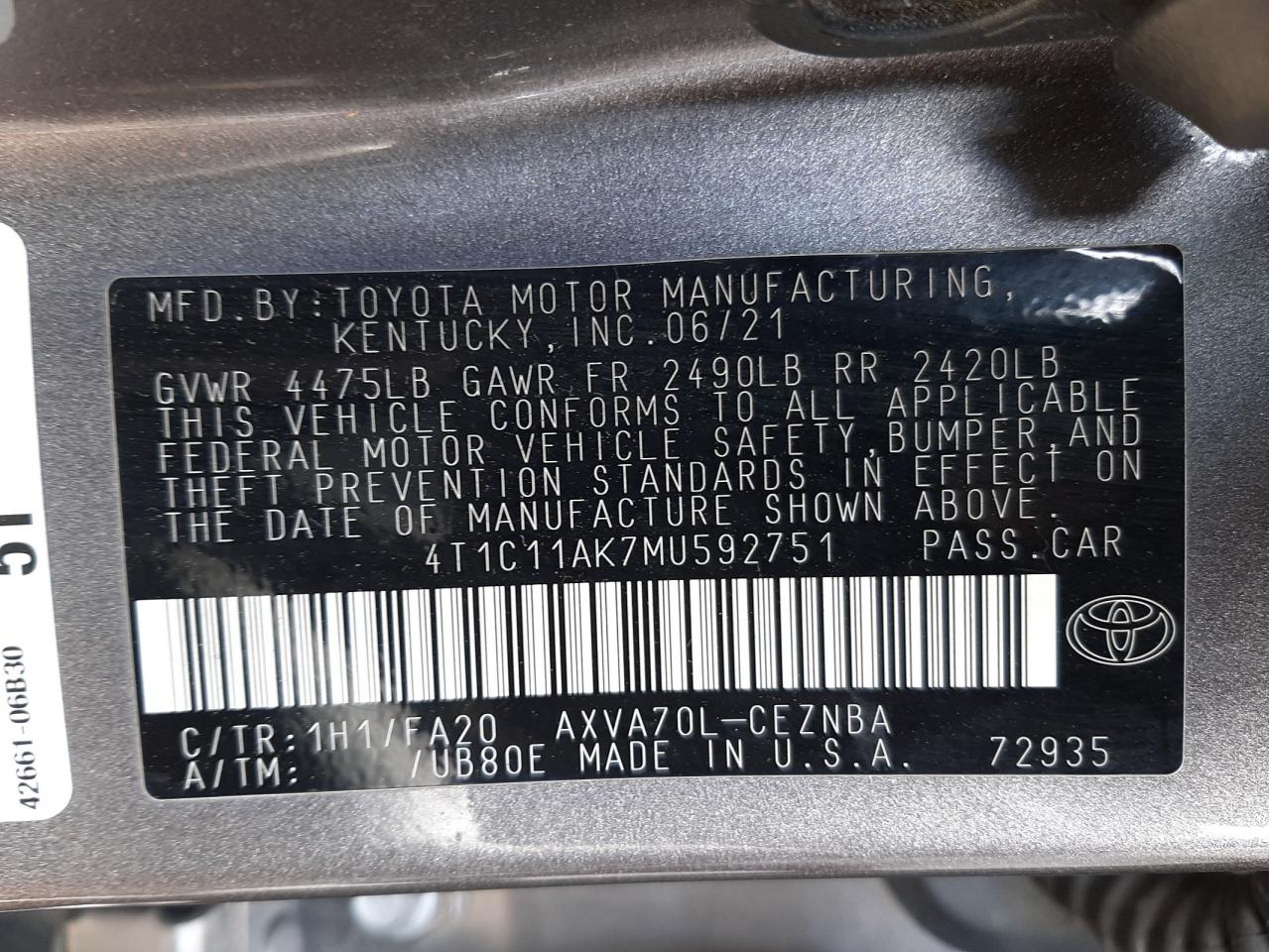 4T1C11AK7MU592751 2021 Toyota Camry Le