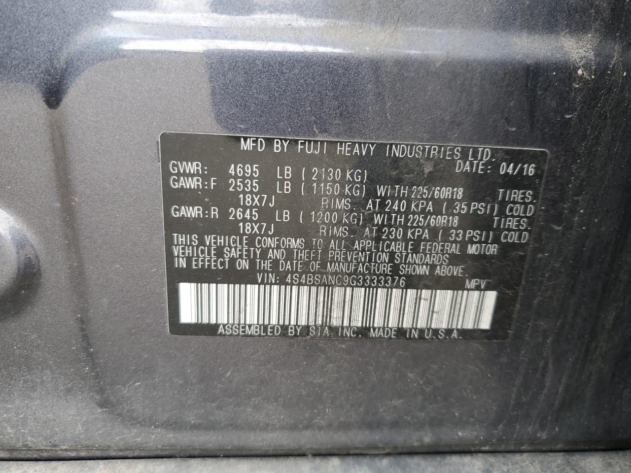 4S4BSANC9G3333376 2016 Subaru Outback 2.5I Limited