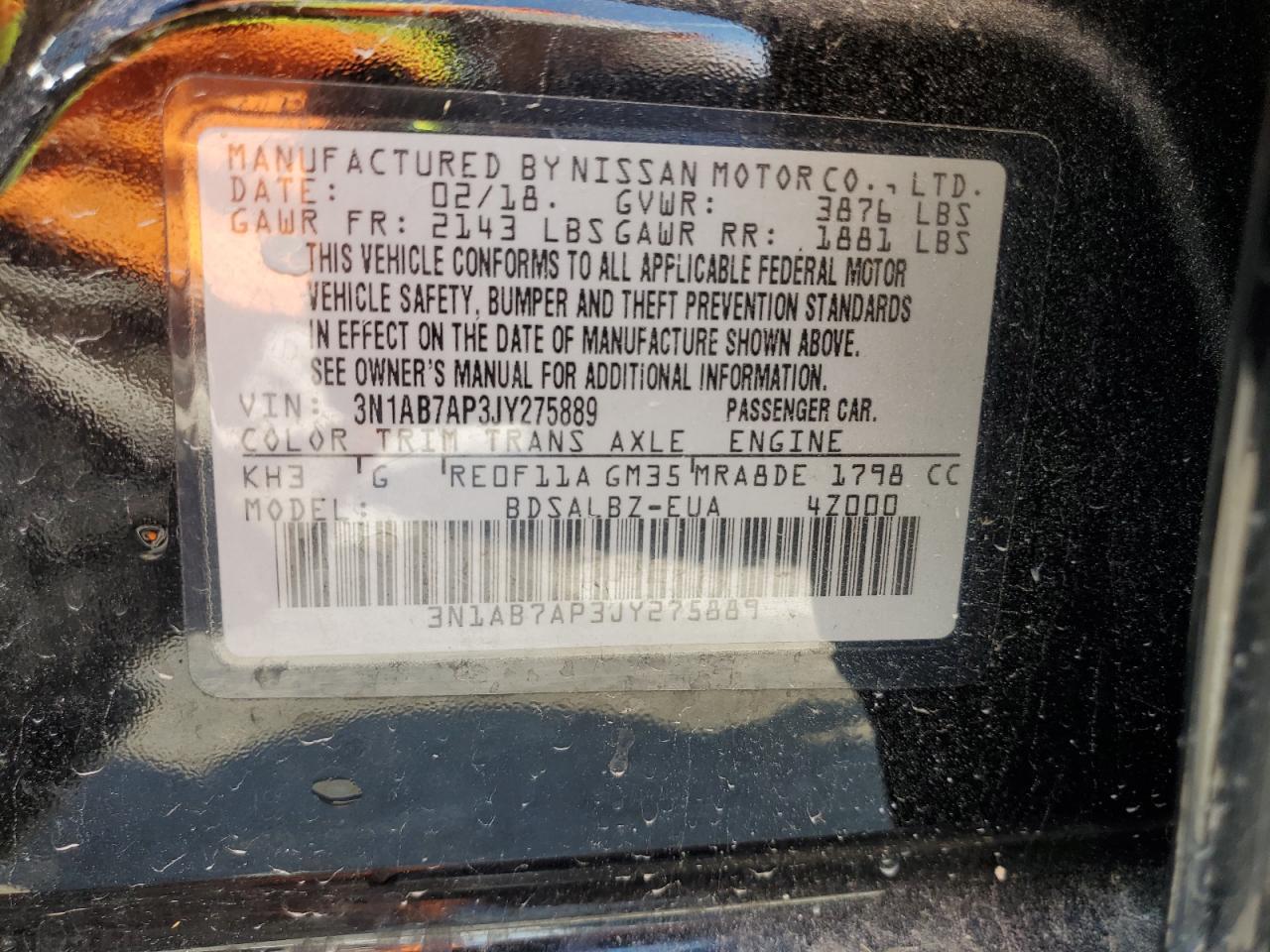 3N1AB7AP3JY275889 2018 Nissan Sentra S