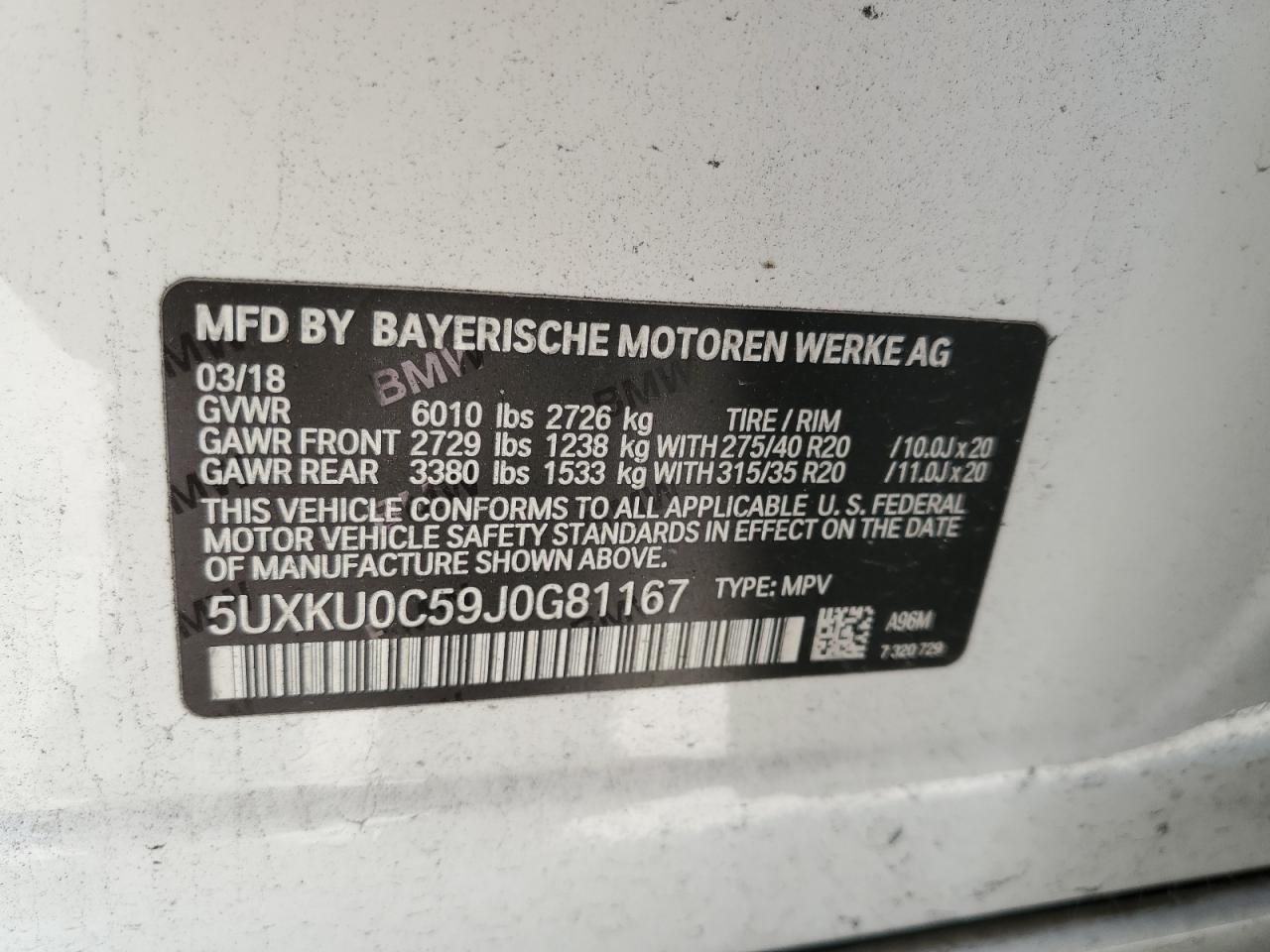 5UXKU0C59J0G81167 2018 BMW X6 Sdrive35I