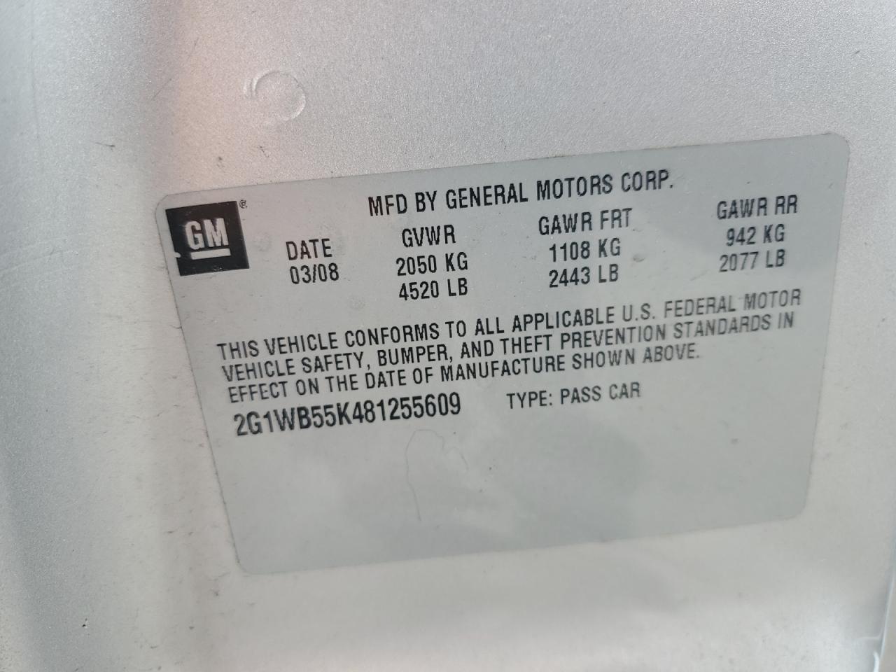 2G1WB55K481255609 2008 Chevrolet Impala Ls