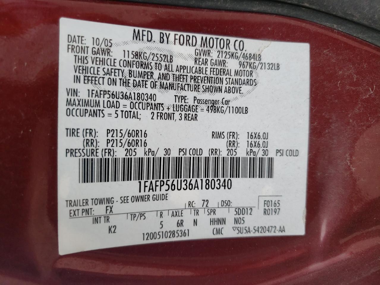 1FAFP56U36A180340 2006 Ford Taurus Sel