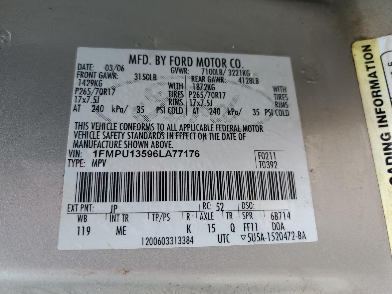 1FMPU13596LA77176 2006 Ford Expedition Xls