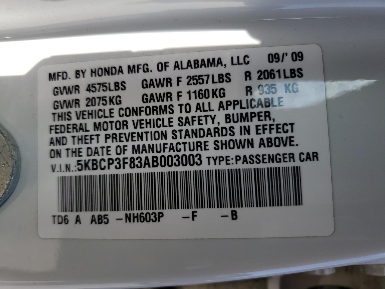 5KBCP3F83AB003003 2010 Honda Accord Exl