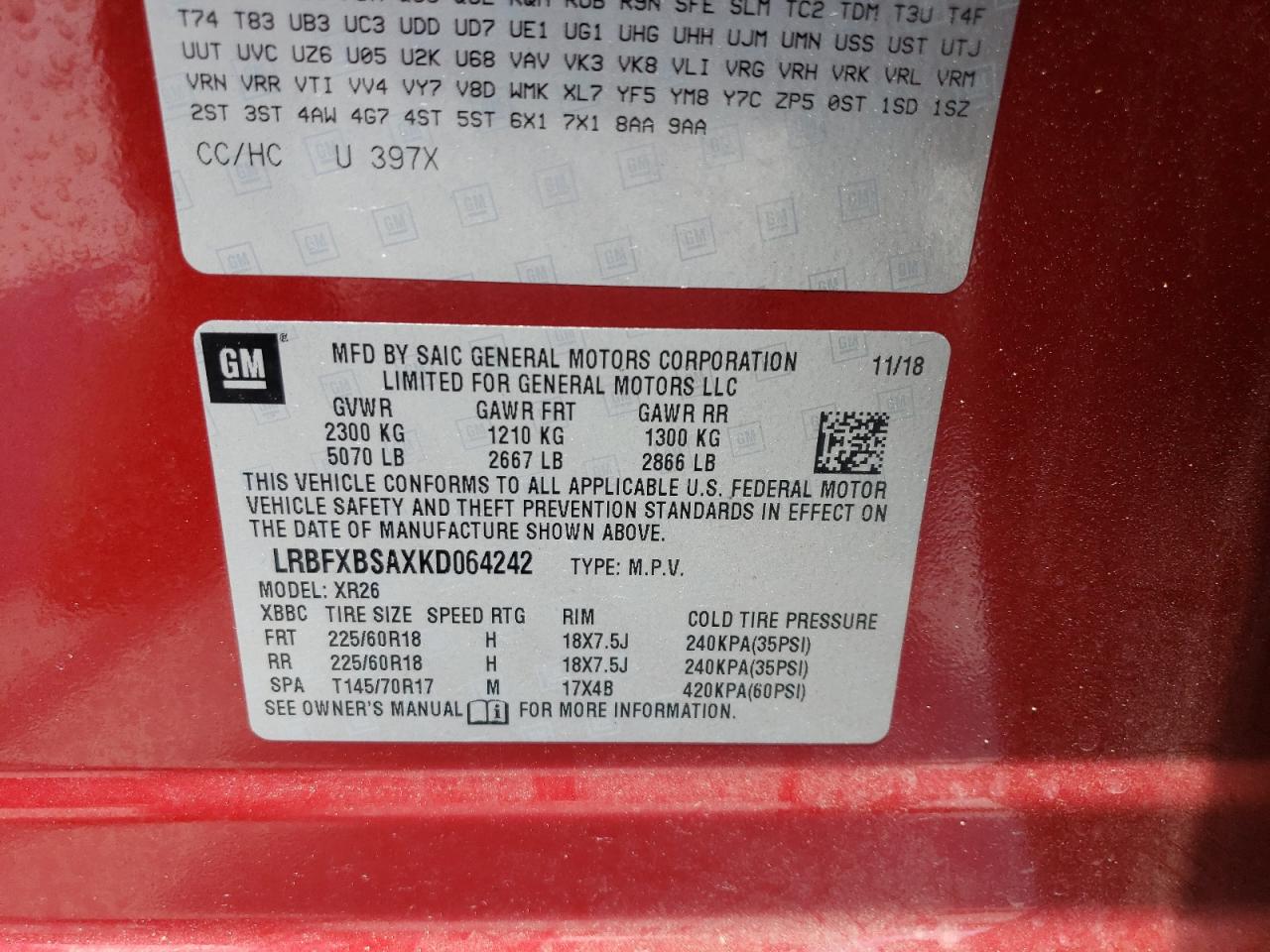 LRBFXBSAXKD064242 2019 Buick Envision Preferred