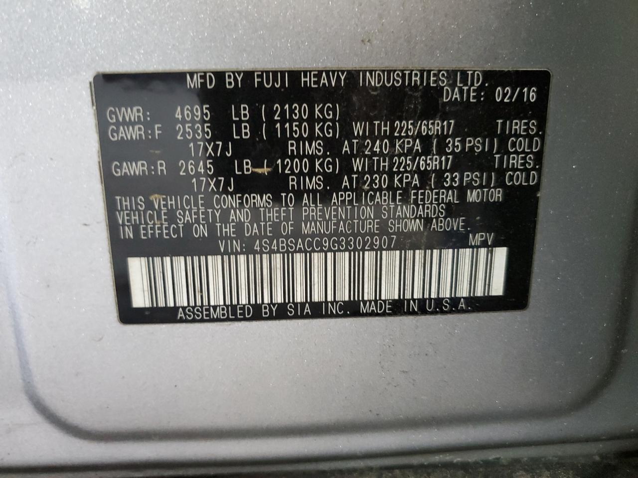 4S4BSACC9G3302907 2016 Subaru Outback 2.5I Premium