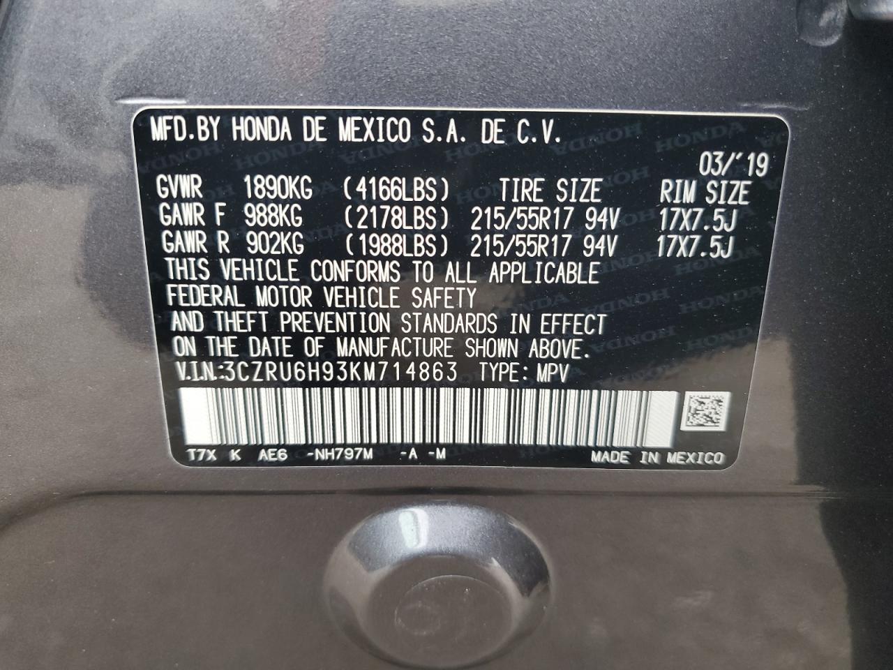 3CZRU6H93KM714863 2019 Honda Hr-V Touring