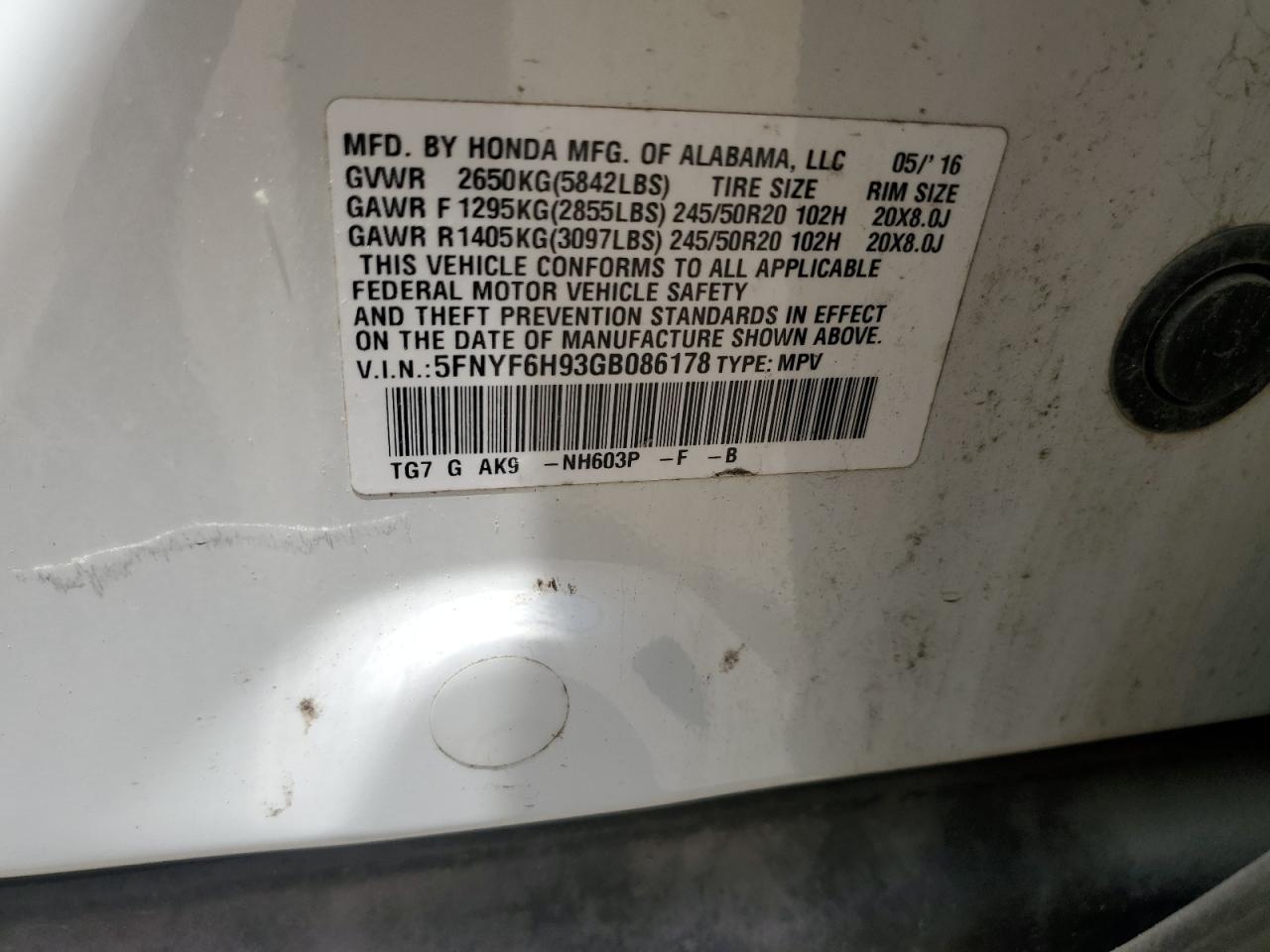 5FNYF6H93GB086178 2016 Honda Pilot Touring