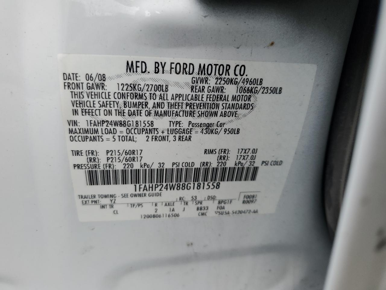 1FAHP24W88G181558 2008 Ford Taurus Sel