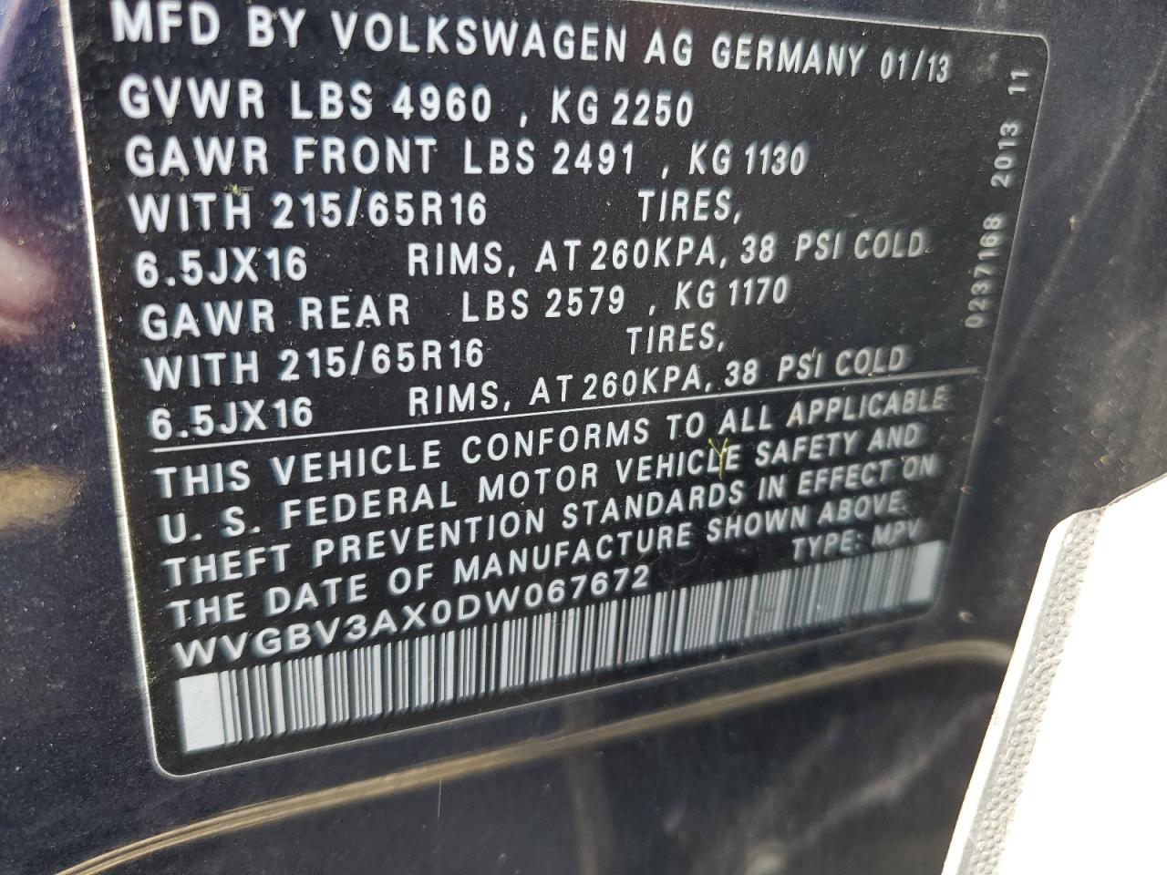 WVGBV3AX0DW067672 2013 Volkswagen Tiguan S