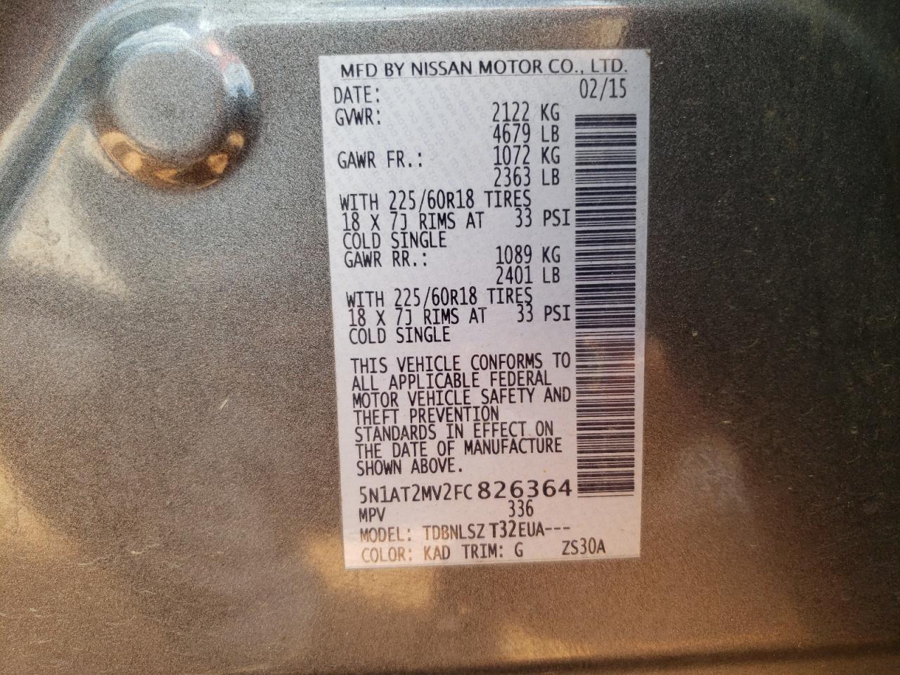 5N1AT2MV2FC826364 2015 Nissan Rogue S