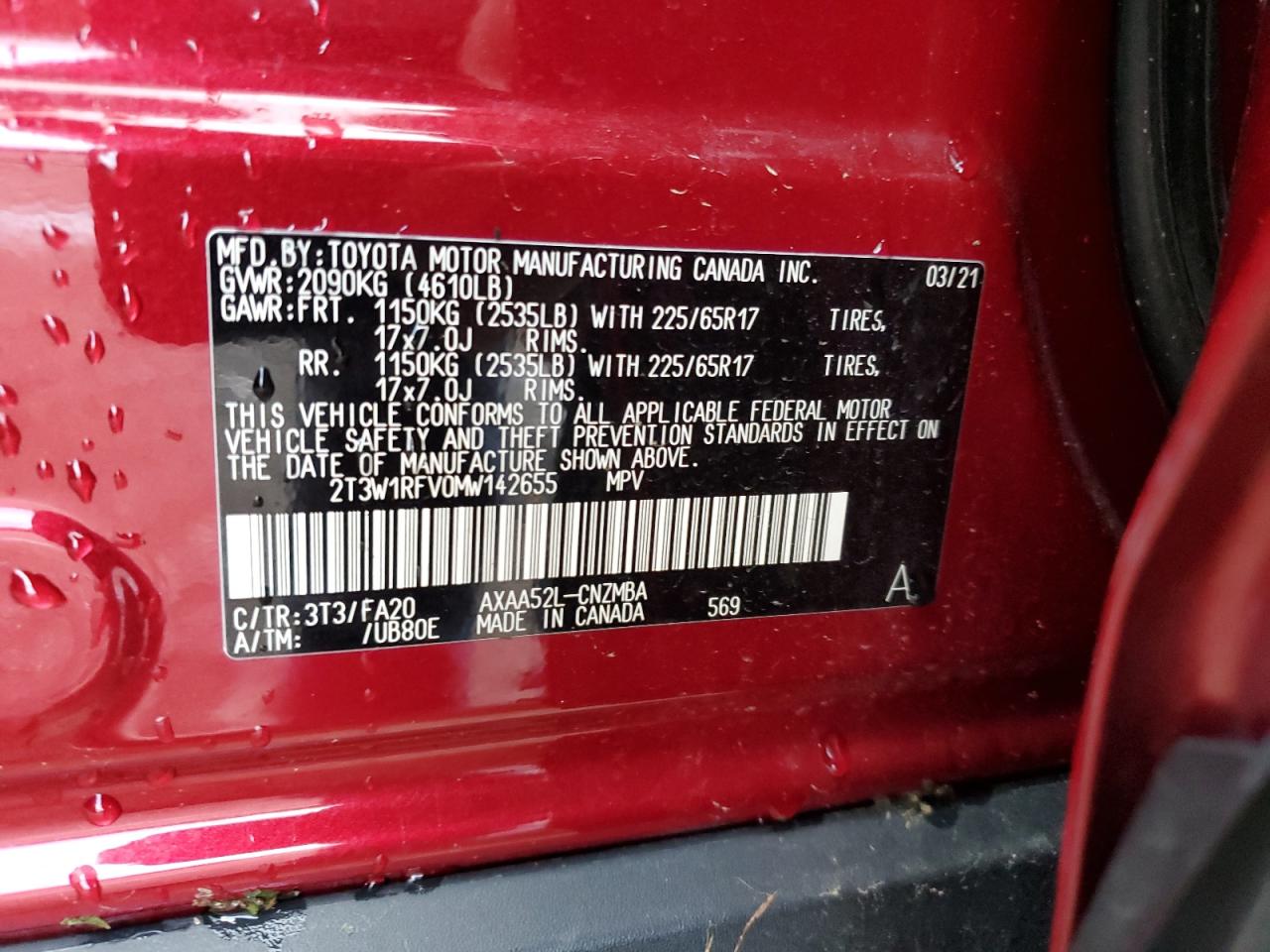 2T3W1RFV0MW142655 2021 Toyota Rav4 Xle