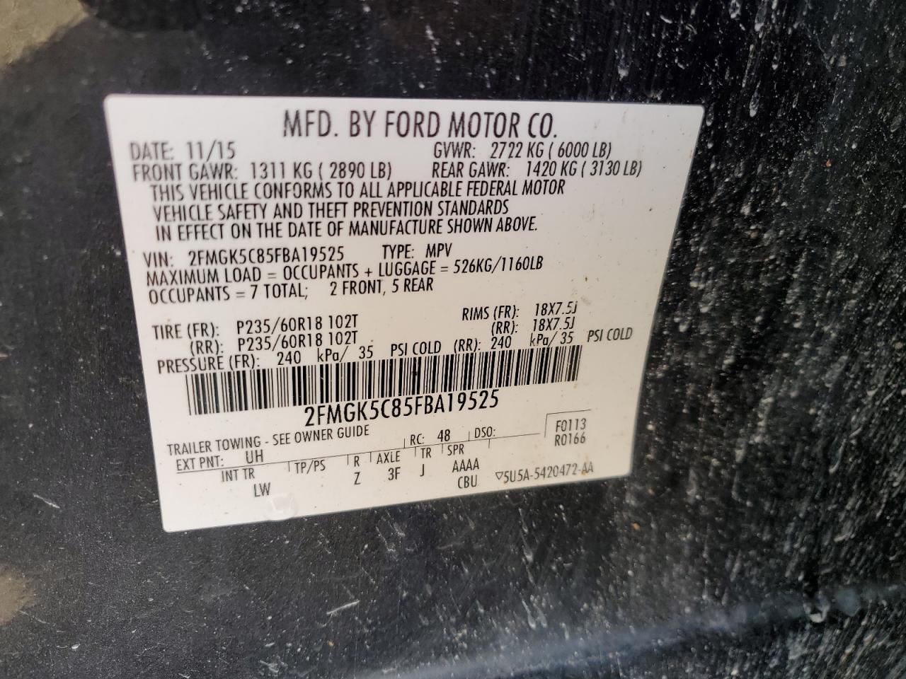 2FMGK5C85FBA19525 2015 Ford Flex Sel