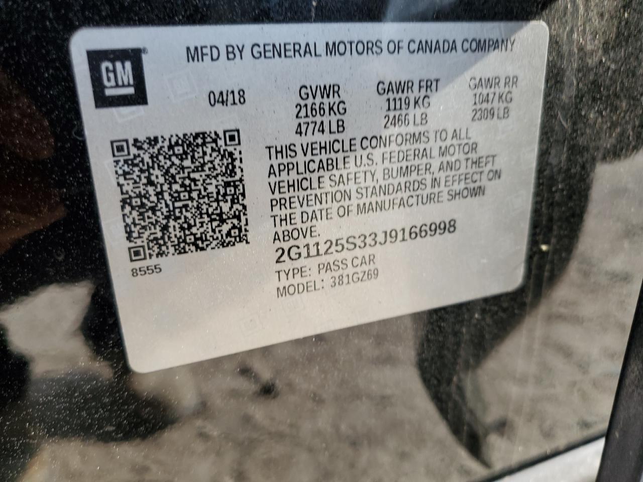 2G1125S33J9166998 2018 Chevrolet Impala Premier