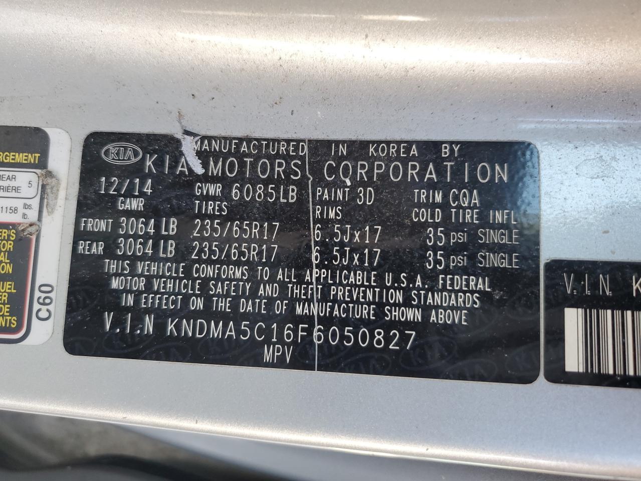 KNDMA5C16F6050827 2015 Kia Sedona L