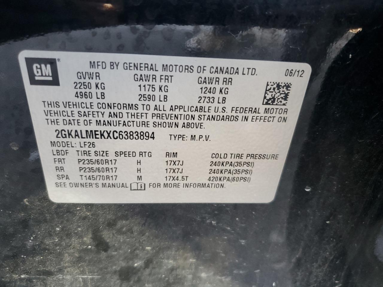 2GKALMEKXC6383894 2012 GMC Terrain Sle