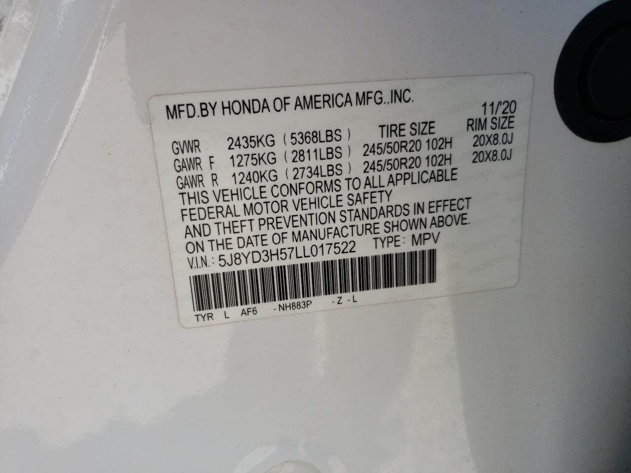 5J8YD3H57LL017522 2020 Acura Mdx Technology