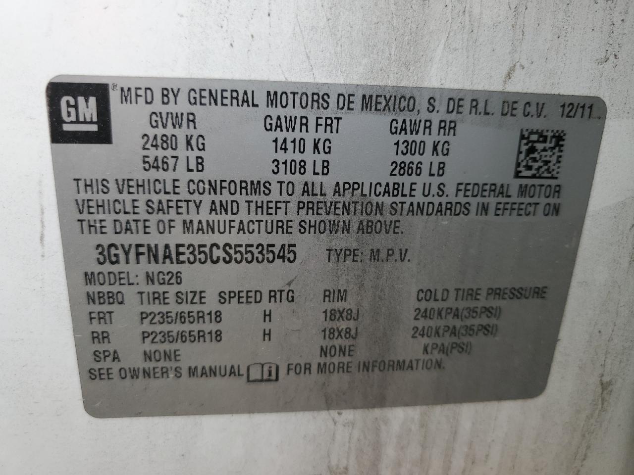 3GYFNAE35CS553545 2012 Cadillac Srx Luxury Collection