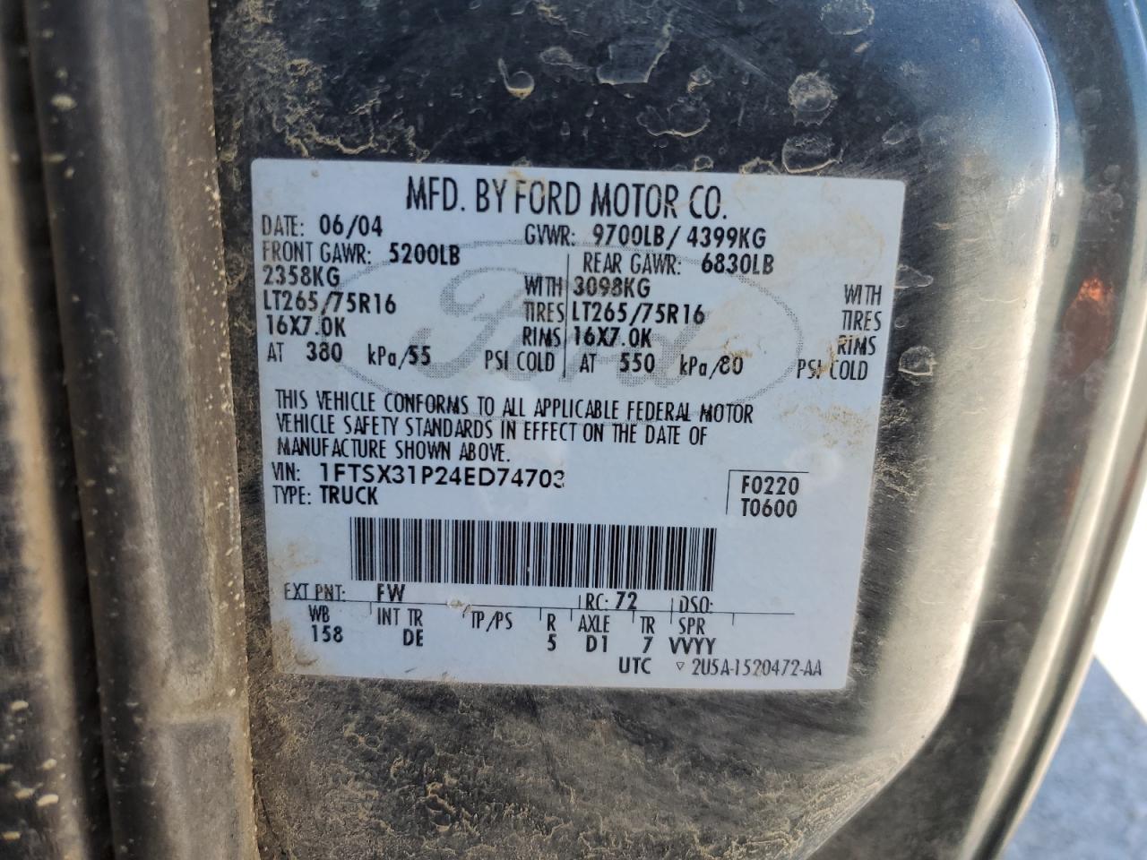 1FTSX31P24ED74703 2004 Ford F350 Srw Super Duty