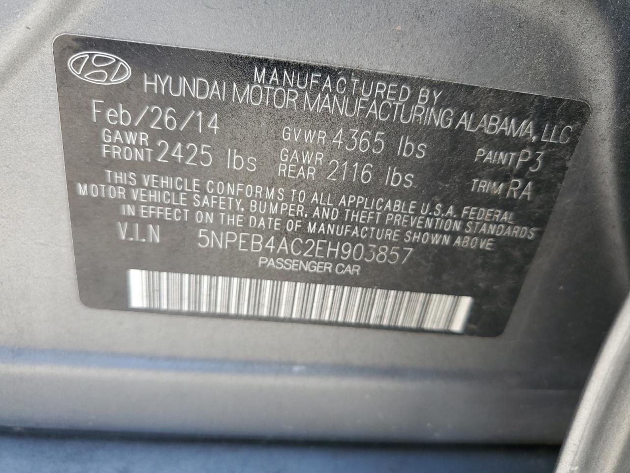 5NPEB4AC2EH903857 2014 Hyundai Sonata Gls