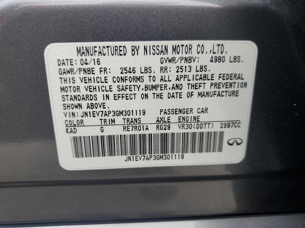 JN1EV7AP3GM301119 2016 Infiniti Q50 Premium