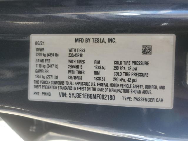 2021 Tesla Model 3 VIN: 5YJ3E1EB6MF002180 Lot: 54073854