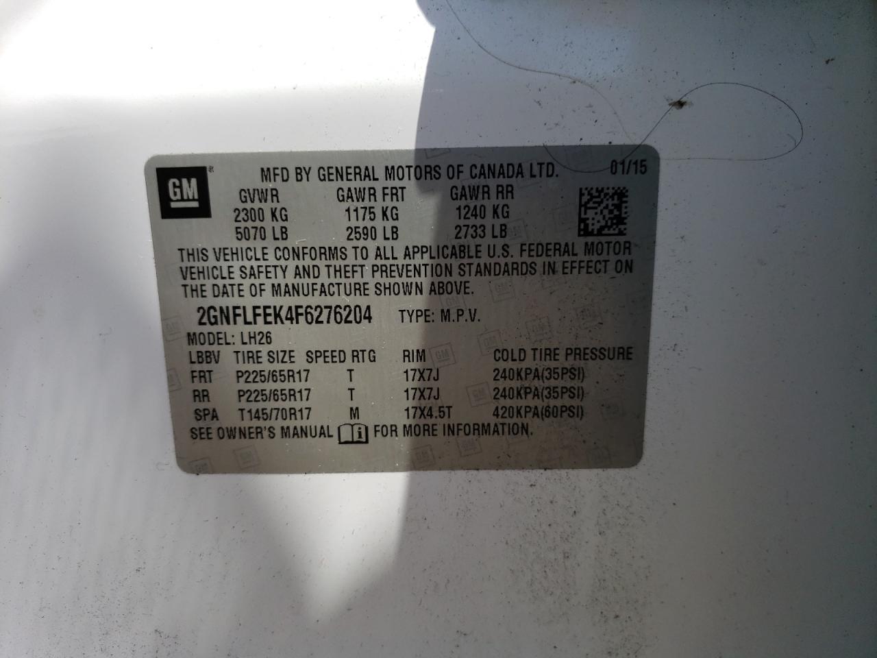 2GNFLFEK4F6276204 2015 Chevrolet Equinox Lt