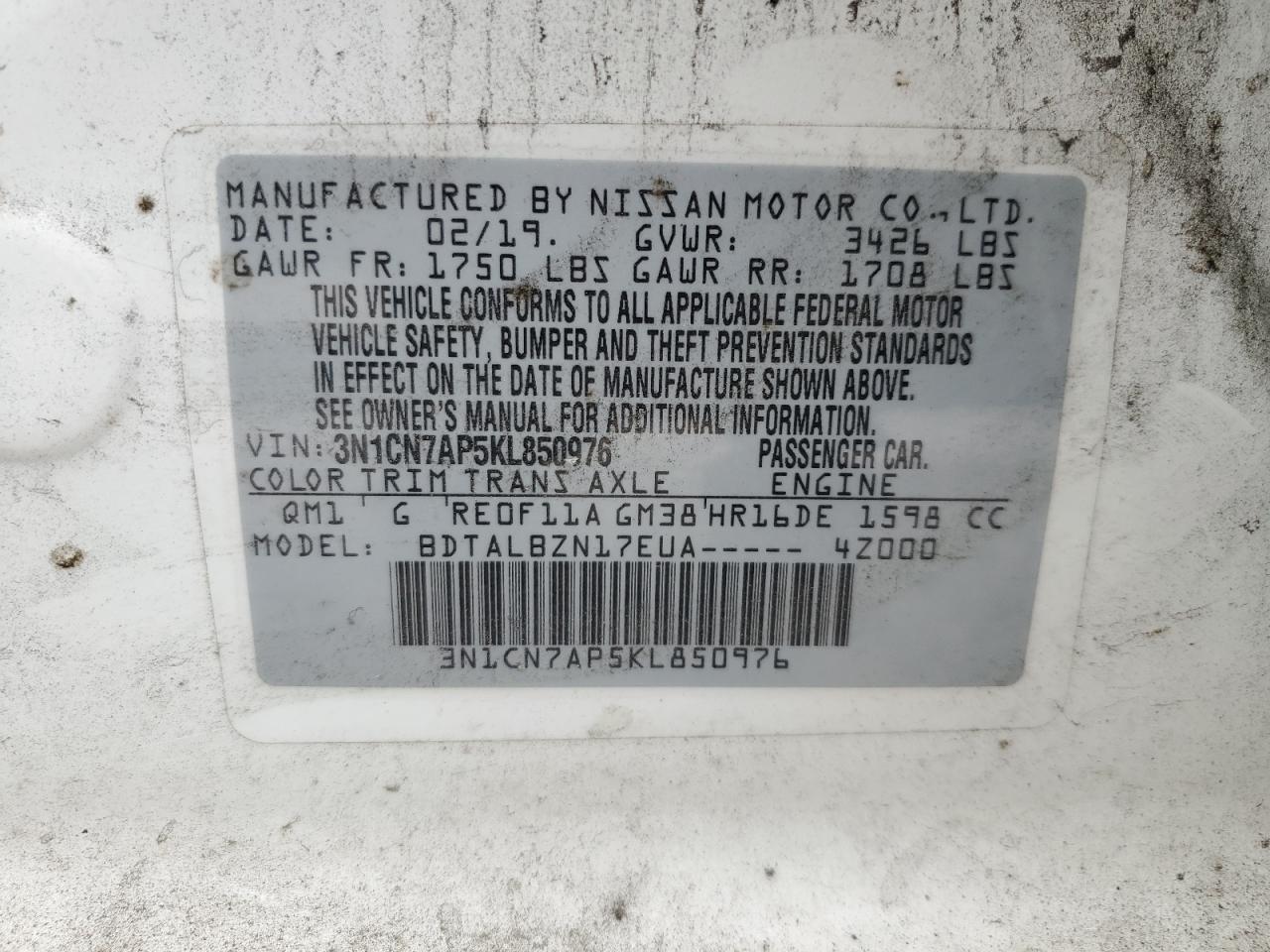 3N1CN7AP5KL850976 2019 Nissan Versa S