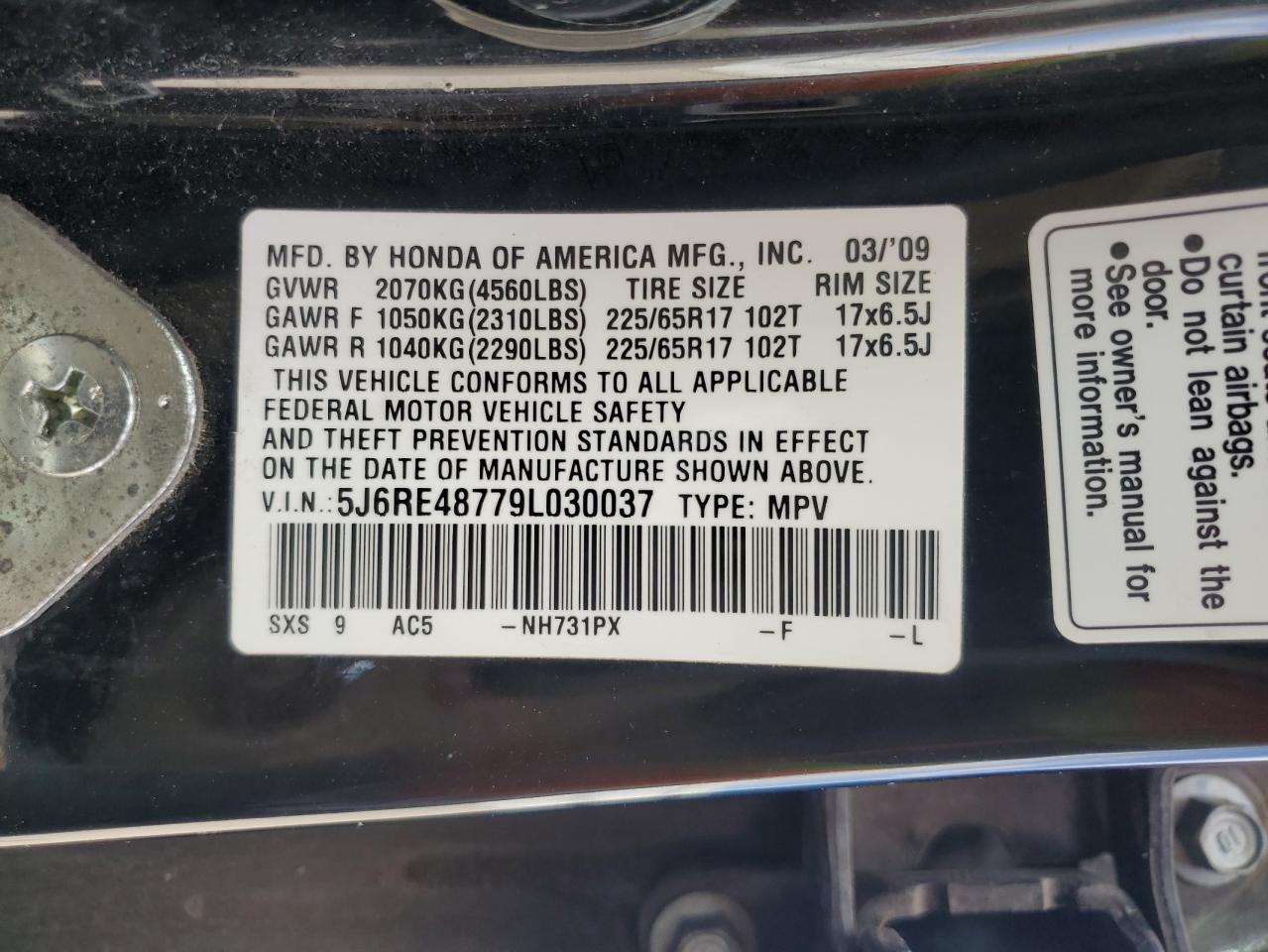 5J6RE48779L030037 2009 Honda Cr-V Exl