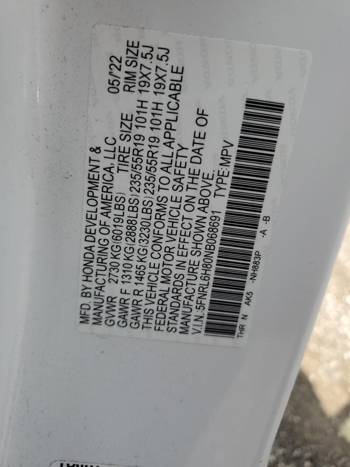 5FNRL6H80NB068691 2022 Honda Odyssey Touring