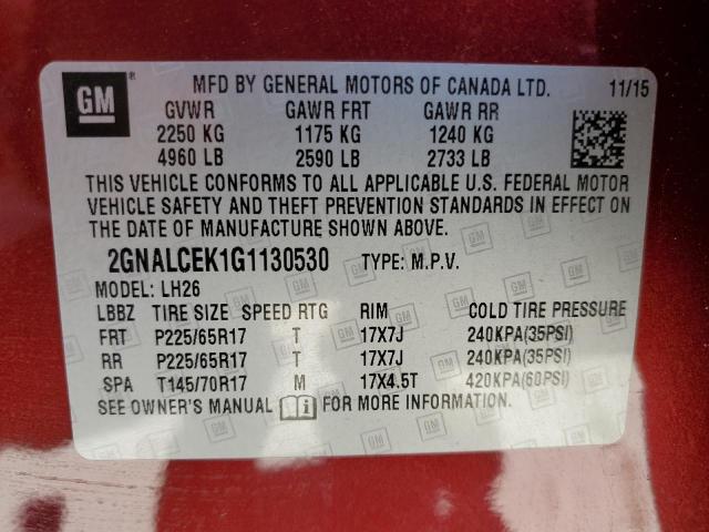 2016 Chevrolet Equinox Lt VIN: 2GNALCEK1G1130530 Lot: 54736094