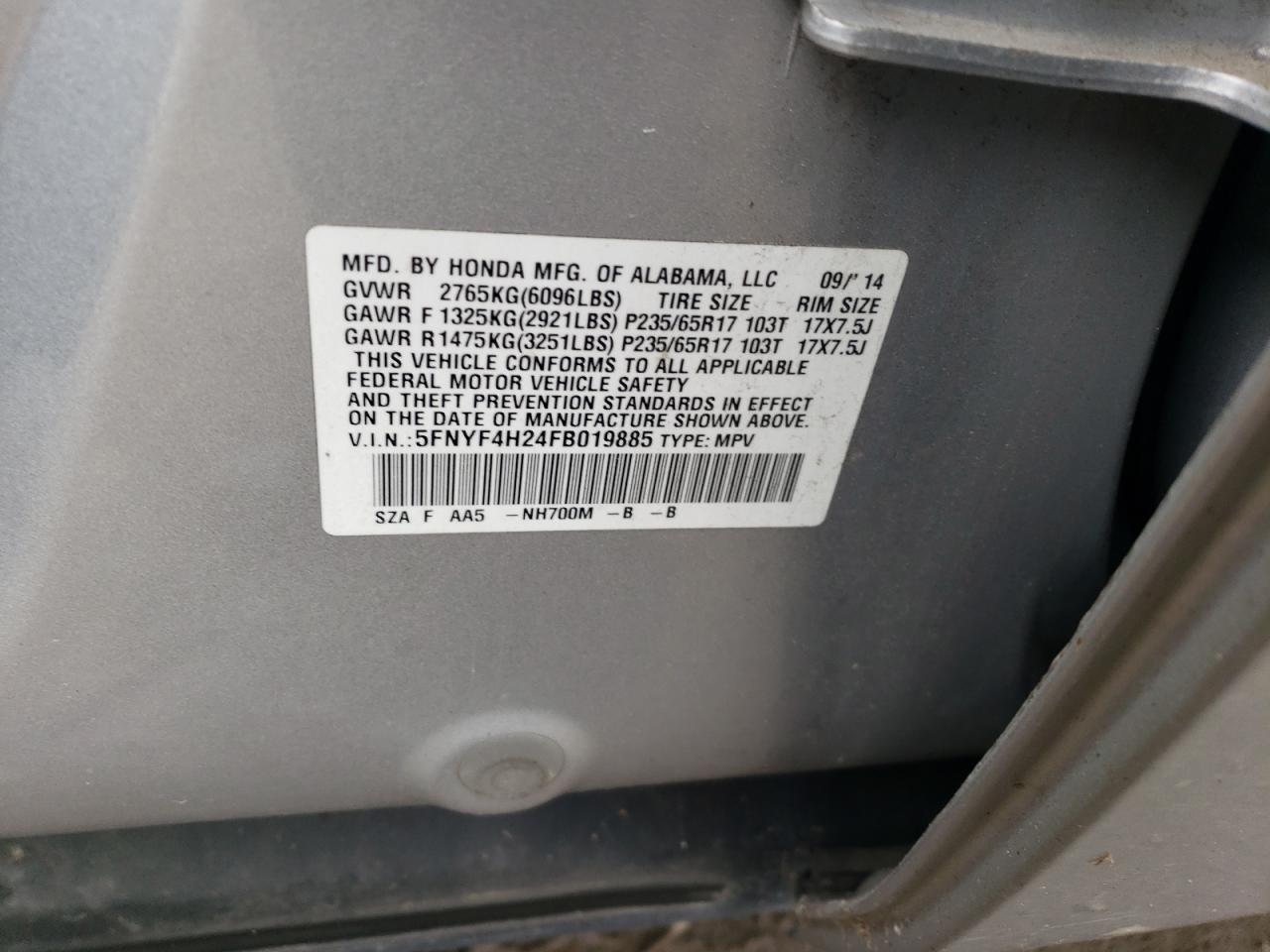 5FNYF4H24FB019885 2015 Honda Pilot Lx