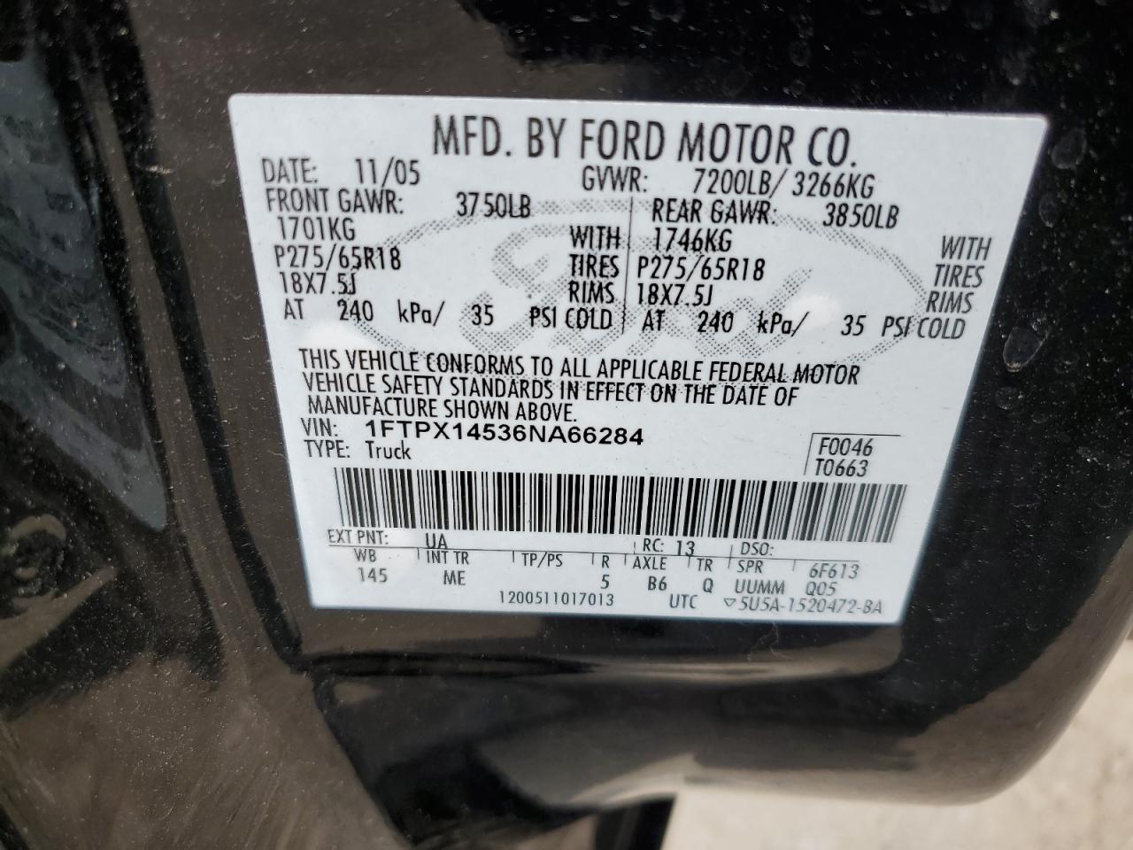 1FTPX14536NA66284 2006 Ford F150