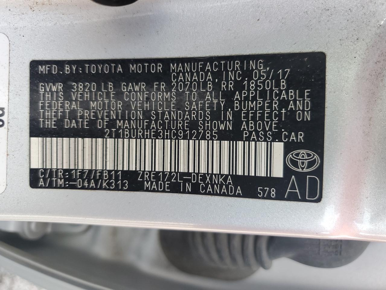 2T1BURHE3HC912785 2017 Toyota Corolla L